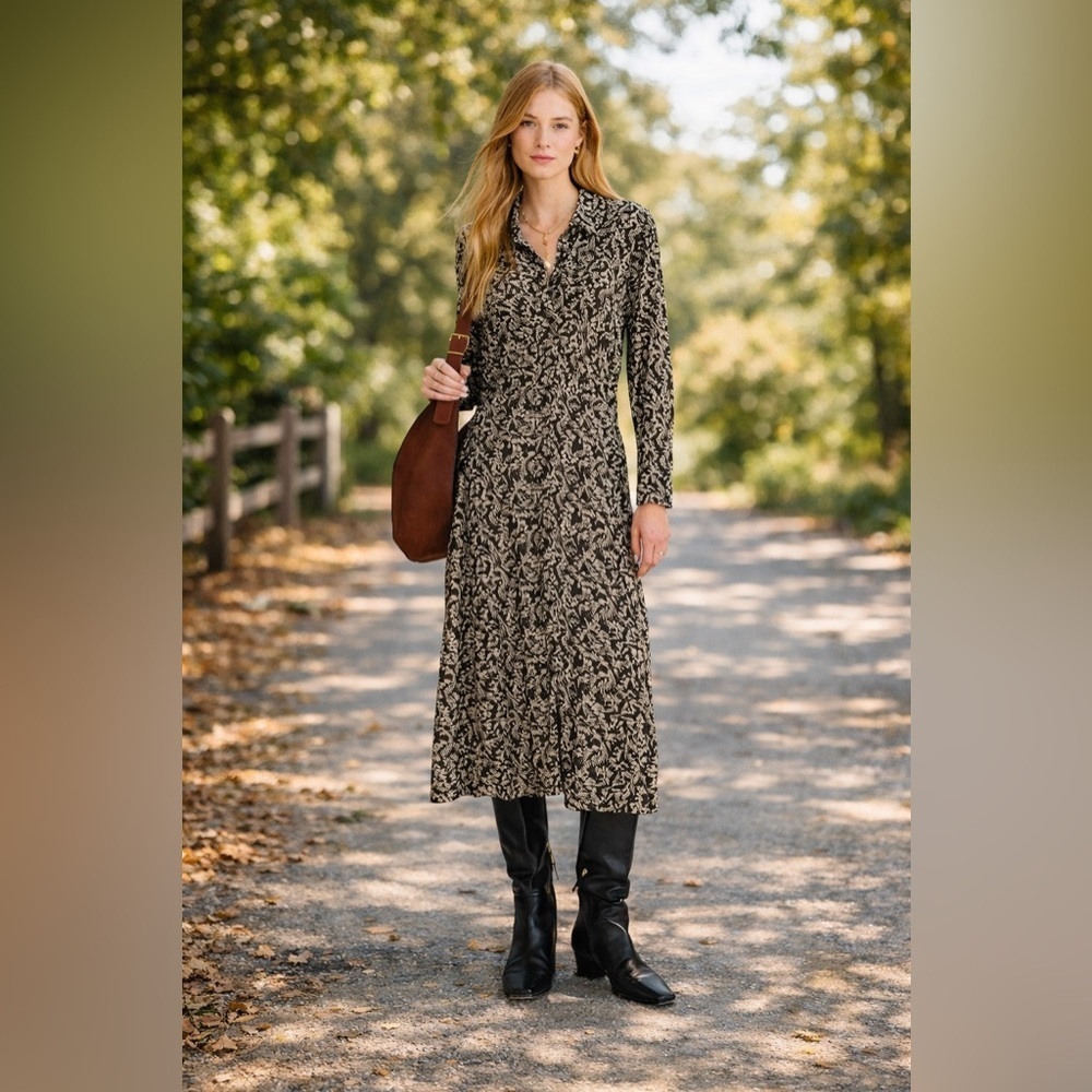 Madewell Ruched Midi Shirt Dress Size 12 Black Ivory Floral NWT - Picture 1 of 14